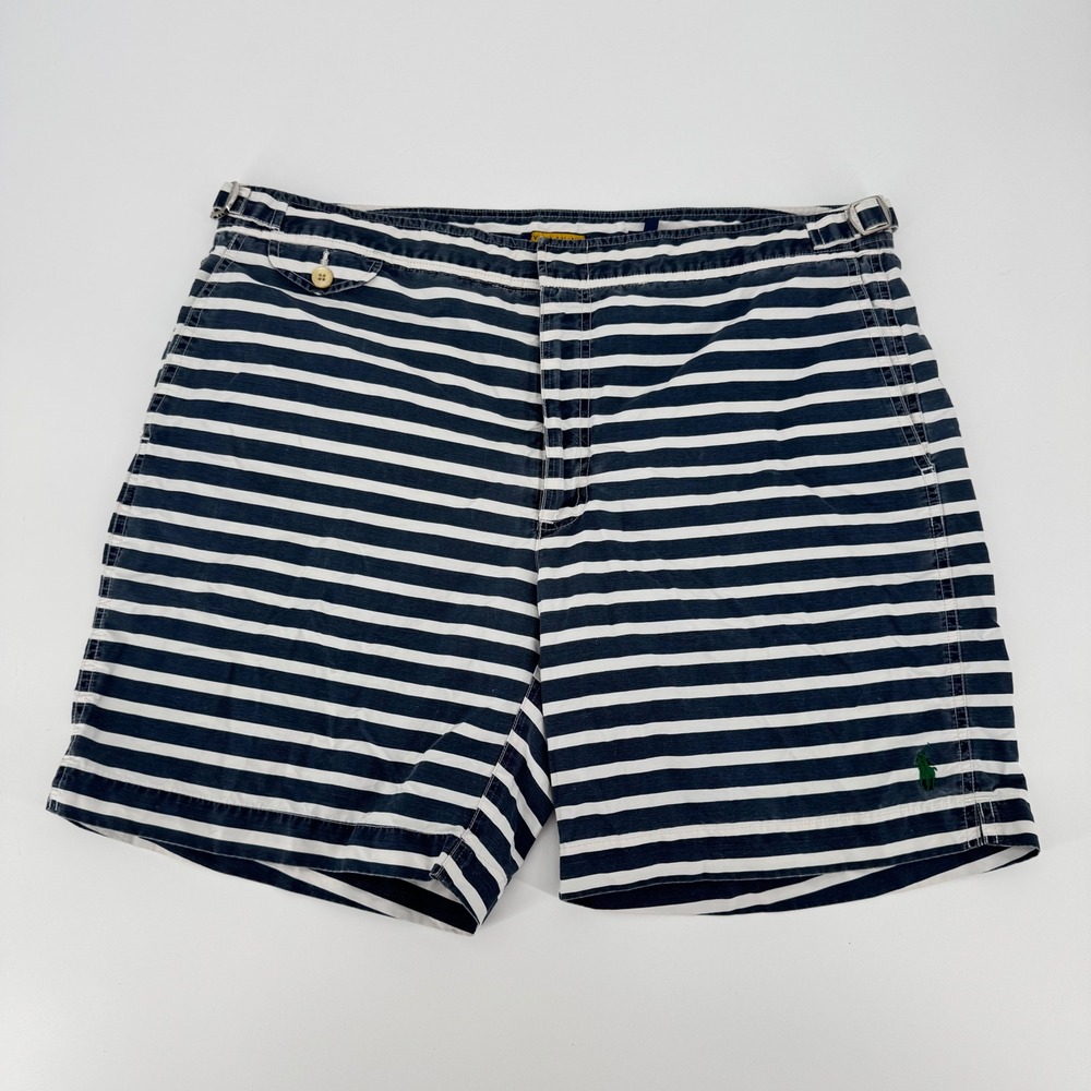 Polo Ralph Lauren Men Navy Blue White Striped Swim Trunks Size 36 Side Adjusters
